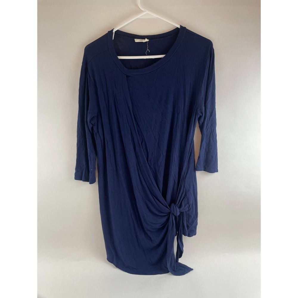 Amelia James Tunic Top Women's Size Medium Navy Blue Faux Wrap Side Front Knot